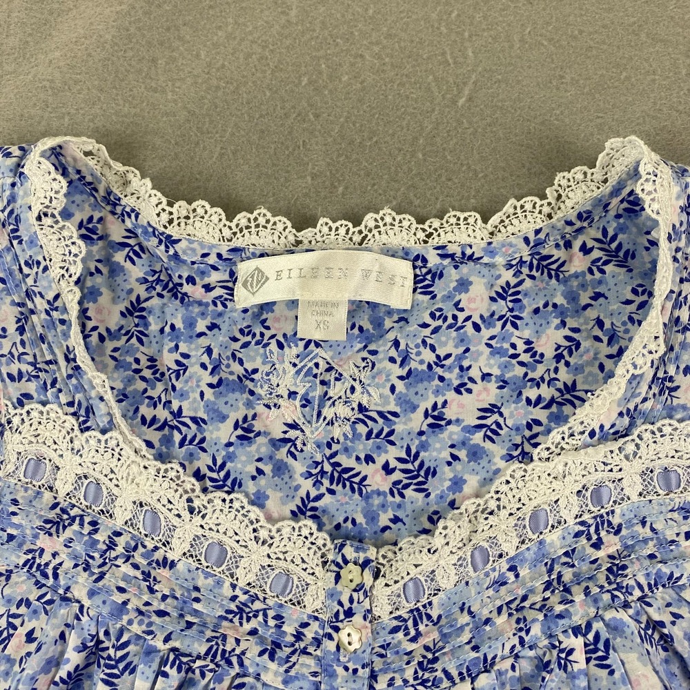 Eileen West Cotton Lawn Chemise Nightgown XS flower buttons lace cottage blue - Picture 2 of 16